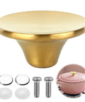 Universal Stainless Steel Dutch Oven Knob Replacement with bright gold finish, screws, washers, and pink pot example.