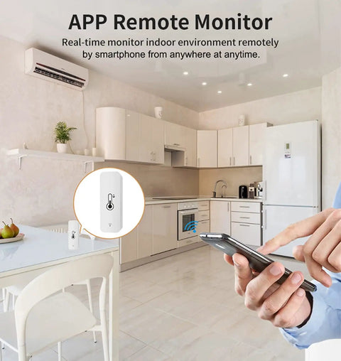 Smart WiFi Hygrometer Thermometer 4 Pack For Home Temperature And Humidity Monitoring With Tuya App No Hub Needed Real Time Alerts Remote Monitoring Indoor Temperature Humidity Graphs History Records Alexa Compatible in kitchen