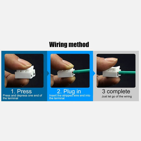 Step-by-step wiring method using 500 Pack 2 Pin 10A 220V Push Wire Connectors Quick Connect Spring Terminal Blocks for LED strip lights.