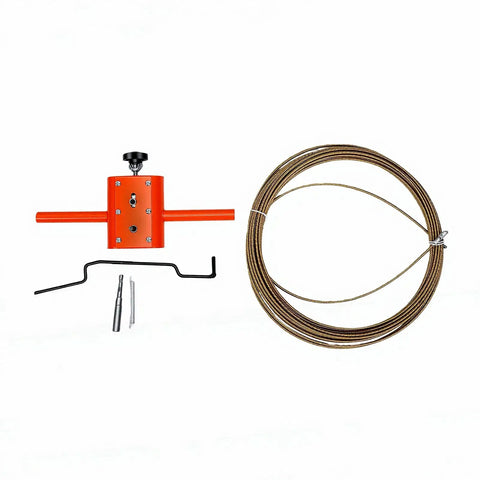 Asixxsix Automatic Drill Powered Wire Puller And Cable Rope Feeder With Forty-Nine Point Two Foot Steel Line Adapter components including orange puller and steel rope.