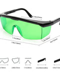Green Laser Enhancement Glasses Eye Protection Safety Goggles For Green Laser Level Rotary And Multi Line Laser Tools DIY Pros Trust Adjustable Temple And Protective Box Included showing measurements and design sketches