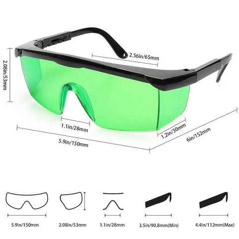 Green Laser Enhancement Glasses Eye Protection Safety Goggles For Green Laser Level Rotary And Multi Line Laser Tools DIY Pros Trust Adjustable Temple And Protective Box Included showing measurements and design sketches