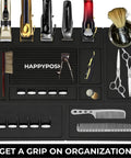 Front view of Modular Magnetic Barber Mat Set With Five Strong Magnets Extra Large Non Slip Rubber Barbershop Station Mat For Clippers and Tools 4 Piece Full Workstation Organizer System For Pros with clippers and tools arranged.