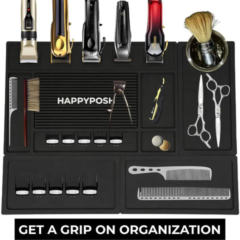 Front view of Modular Magnetic Barber Mat Set With Five Strong Magnets Extra Large Non Slip Rubber Barbershop Station Mat For Clippers and Tools 4 Piece Full Workstation Organizer System For Pros with clippers and tools arranged.