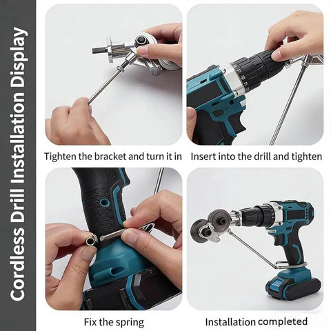 Instructions showing Drill Nibbler Sheet Metal Cutting Tool With Adapter installation on a cordless drill for metal cutting.