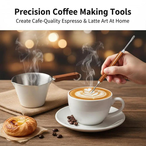 Stainless Steel 100ml Espresso Cup With Wooden Handle Wide Mouth Pour Spout V Shaped Nozzle Includes Latte Needle Great For Americano Cappuccino Latte Espresso Shots And Top Notch Measuring Cup Scale on a table with latte art and pastry.