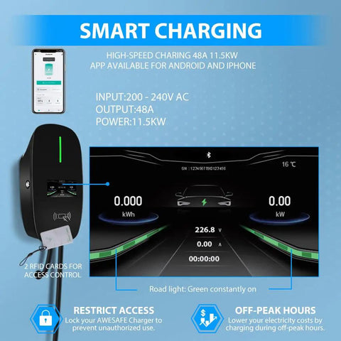 Tesla Level 2 EV Charger 48 Amp Wall Charger Hardwired WiFi Enabled With Smart App Control For Home Use display screen
