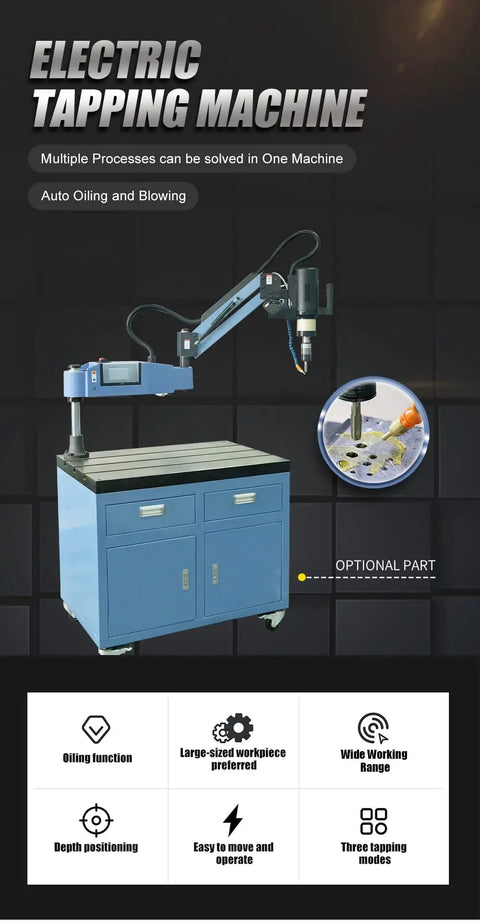Versatile Electric Tapping Machine With Auto Oil Spraying System And Flexible 360 Degree Head, large workbench with drawers.