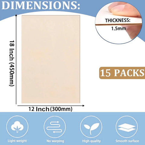 Dimensions and thickness of 15 Pack 12x18x1/16 Basswood Sheets For Crafts Unfinished Wood Boards, smooth surface, warp free