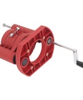 Precision insert base plate for router table, red plastic, featuring height control handle, ideal for woodworkers.