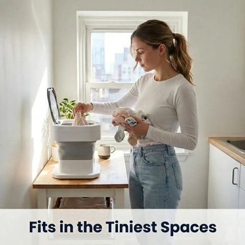 Woman using Portable Folding Washing Machine With 12 L Mini Capacity perfect for college dorms, fitting into small spaces.