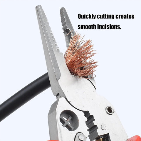 Heavy Duty Stainless Steel Wire Stripping Tool cutting copper wire for electrical repair, showcasing ergonomic handle design.