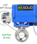 Motorized Ball Valve Half Inch Stainless Steel 304 NSF Certified Full Port Water Workhorse for drinking water, blue casing close-up