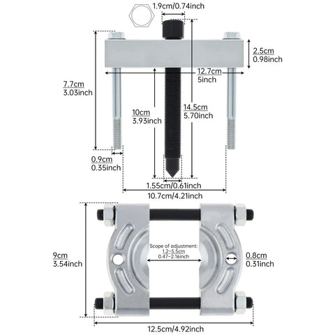 Dimensional diagram of Heavy Duty Bearing Splitter And Five Inch Gear Pulley Puller Set For Wheel Hubs Pinions And Crankshafts