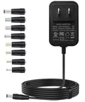 Versatile 12V Power Supply 2A AC Adapter 100-240V Input 50-60Hz 24W With 5.5x2.1mm DC Plug And 8 Quick Swap Tips For LED Strip CCTV Camera Router Bluetooth Speaker And More Includes 1.5m Power Cord black AC adapter with 8 interchangeable DC tips and coiled power cord