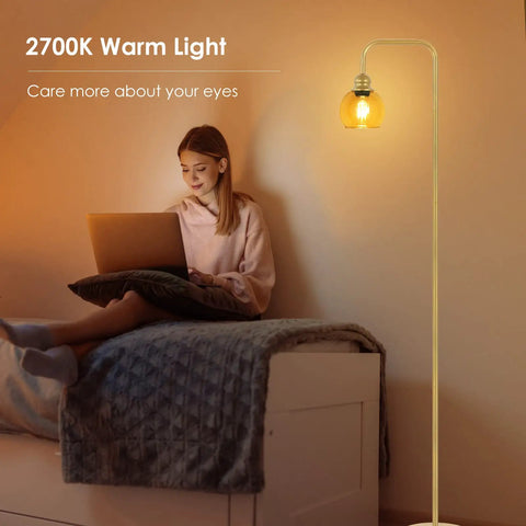Modern Floor Lamp With Amber Glass Globe Shade And 6W LED Bulb, Industrial Tall Reading Lamp for Living Room next to bed with warm glow