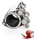 Pipe repair clamp by Kodilin, stainless steel with M1 self-adhesive tape; red sealing tape shown, fits 3/4 in pipes