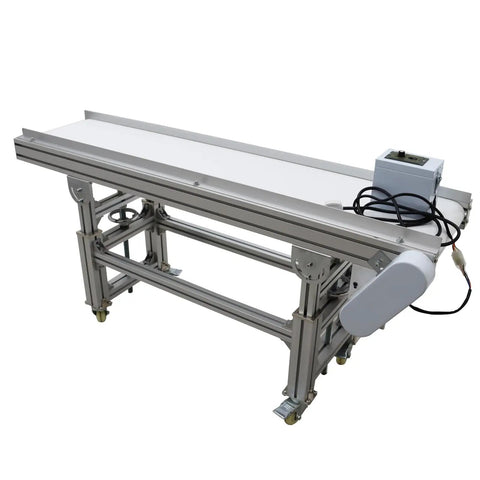 Electric PVC Belt Conveyor With Adjustable Speed, Dual Guardrails For Desktop Use, Built Tough Industrial Transport Machine, 59" x 7.9", 120W, 110V, White