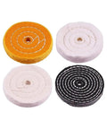 Get That Pro-Level Mirror Shine Fast With This 100mm Buffing Wheel Kit For Metal Wood And Plastic Polisher Tools Featuring 7 Pieces Of Colored Cloth Wheels To Hit The Perfect Gloss Finish Now - four assorted cloth buffing wheels in yellow, white, and black.