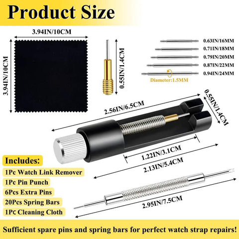 All In One Watch Link Repair Kit With Pin Remover And Double Ended Punch Includes Six Extra Pins Twenty Spring Bars Cleaning Cloth And Pro Grade Upgrade Tool For Fast Band Adjustments And Bracelet Repairs with size details