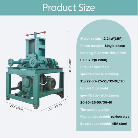 Heavy Duty Electric Pipe Bender With 15 Round And 9 Square Dies, showcasing dimensions and specifications for tube bending.