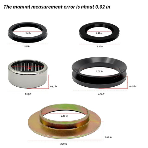 Beefed Up Outer Shaft Spindle Bearing Seal Kit for Dana 44 and 10 Bolt Front Axle dimension details on five components