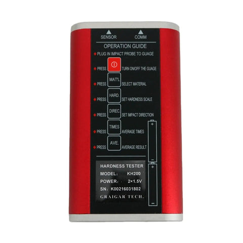 Heavy Duty Digital Metal Hardness Tester Gauge showing operation guide and control buttons for steel iron bronze copper testing.