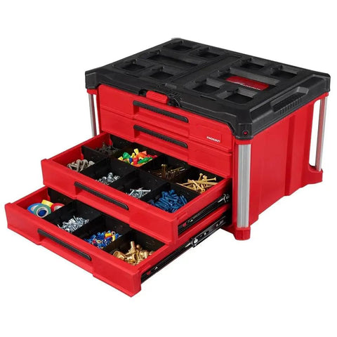 22 Inch 4-Drawer Polymer Tool Box With Quick Adjust Dividers And Modular Storage System showing open drawers with organized tools