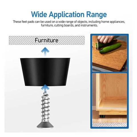Screw-On Rubber Feet Set For Furniture And Appliances, showcasing wide application and installation example with cutting board.