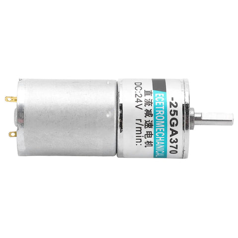Ultra Quiet DC Gear Motor 24V With All Metal Gears And Pure Copper Coils For Industrial Low Speed High Torque Projects Plus Automatic Safety Cut Off side view showing motor body and output shaft.