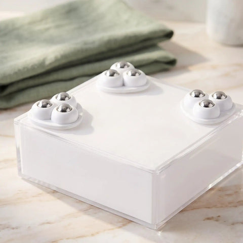 12pcs Self Adhesive Furniture Caster Wheels, Swivel Mini Casters on a clear box, featuring sturdy white and silver design.