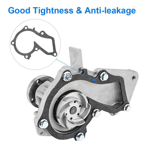 Heavy Duty Direct Fit Water Pump With Gasket Straight Shot Install for Ford Escape 1.6L L4 engine showing anti-leak design.