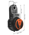 No Fuss 2 In 1 Drill Dust Collector With Slick 360 Swivel Level Attachment Heavy Duty Gear showing dimensions and controls.