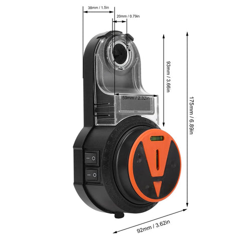 No Fuss 2 In 1 Drill Dust Collector With Slick 360 Swivel Level Attachment Heavy Duty Gear showing dimensions and controls.