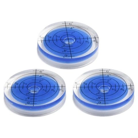 3pcs Circular for spirit Level 32mm for mini Round Bubble Gauge High Transparency for acrylic, featuring clear design and blue fluid.