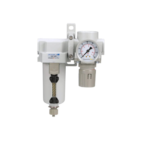 Three Quarter Inch NPT Compressed Air Filter Regulator Combo With Metal Bowl Manual Drain Gauge Bracket 10 Micron Element