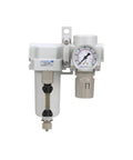 Front view of Compressed Air Filter Regulator Combo With Gauge And Metal Bowl One Half Inch NPT Manual Drain Bracket Sight Glass