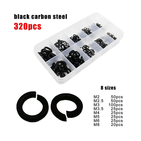 320 Piece Stainless Steel Lock Washer Set With Spring Split Washers M2 To M8 Black Finish GB93 304 Stainless Hardware Kit In Durable Box Elastic Gasket For Auto DIY And Industrial Pro Grade Gear.