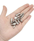 22 Pack Heavy Duty Nickel Plated Shelf Support Pegs For Home Storage, 1/4 Inch Spoon Style Cabinet Pin Holders in hand.
