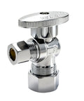 Chrome angle stop valve; 1/2 in nominal compression inlet to 3/8 in compression outlet, 1/4-turn shutoff.