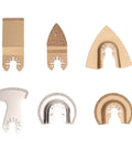 Six Piece Oscillating Saw Blade Set With Carbide Grit For Grout Removal And Tile Cutting, showing assorted blade shapes and sizes.