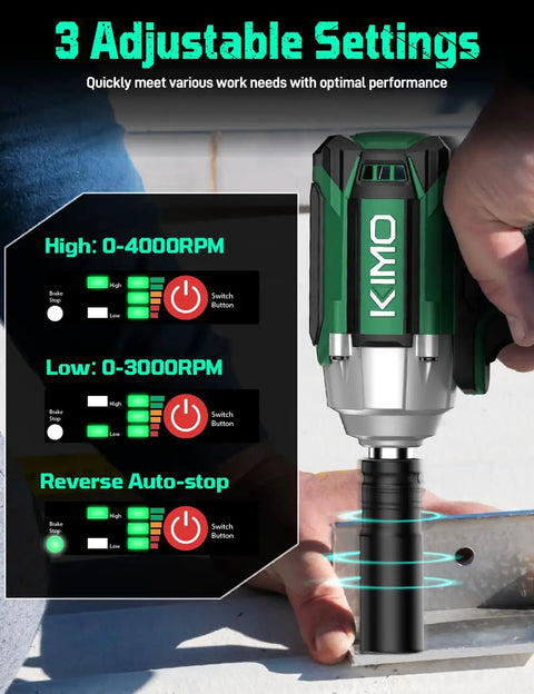 Badass Cordless Impact Wrench 1/2 Inch Drive 20V Battery Powered Knockout Gun showing adjustable settings for RPM and reverse.