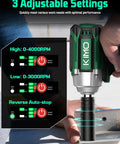 Heavy Duty Cordless Impact Wrench With 1/2 Inch Drive And 20V High Torque Motor Badass 3 In 1 Drill and settings panel display.