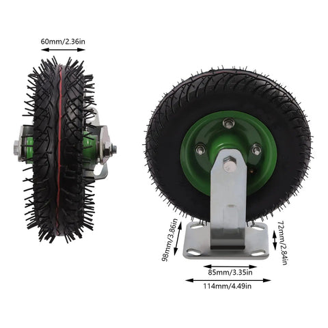 Eight Inch Pneumatic Caster Wheels Heavy Duty Rubber Inflatable Tires Four Piece Set showing two tires from side and front views with dimensions.
