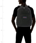 Person wearing Union Pack Black Water Resistant Backpack With Laptop Compartment And Dual Water Bottle Pockets, side view