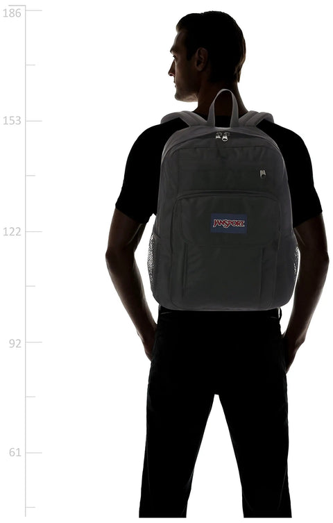 Person wearing Union Pack Black Water Resistant Backpack With Laptop Compartment And Dual Water Bottle Pockets, side view