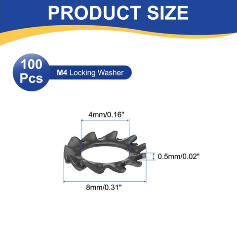 External Tooth Lock Washers M4 Serrated Locking Washers, Carbon Steel Heavy Duty Fasteners Pack Of 100, size diagram