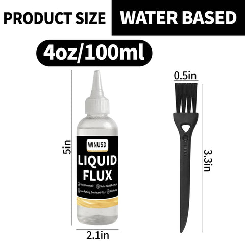 Water Based No Clean Solder Flux for Electronics Soldering, RoHS and REACH Compliant, 4oz bottle and brush size dimensions