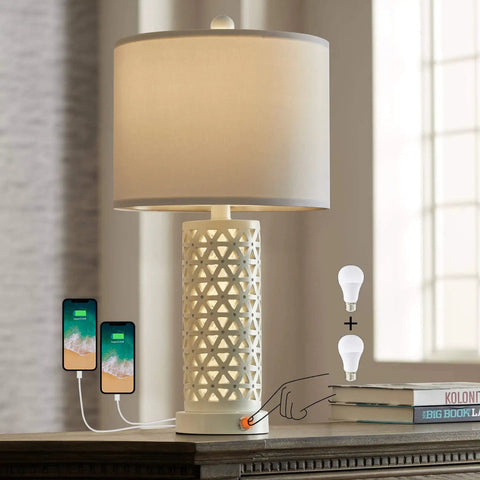 3-Way Dimmable Touch Control Dope Rustic Table Lamp Set Of 2 Vintage Farmhouse 21.25 Inch Tall Bedside Lamps With White Shade And USB Charging 2 Bulbs Included Perfect For Living Room Bedroom Nightstand Home Office