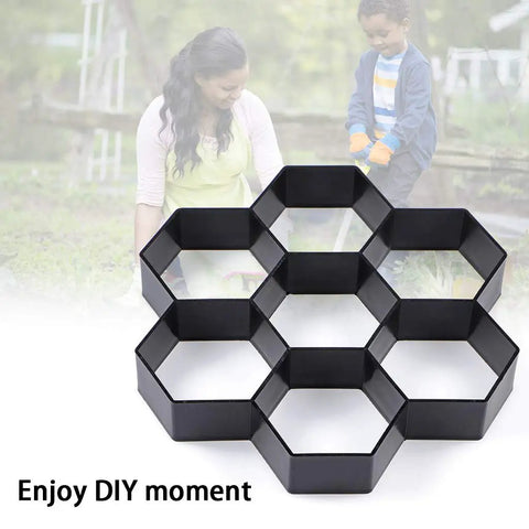Hexagon Concrete Path Mold For DIY Walkways Reusable 11.4 By 11 By 1.7 Inch ABS Paver Mold with family in garden